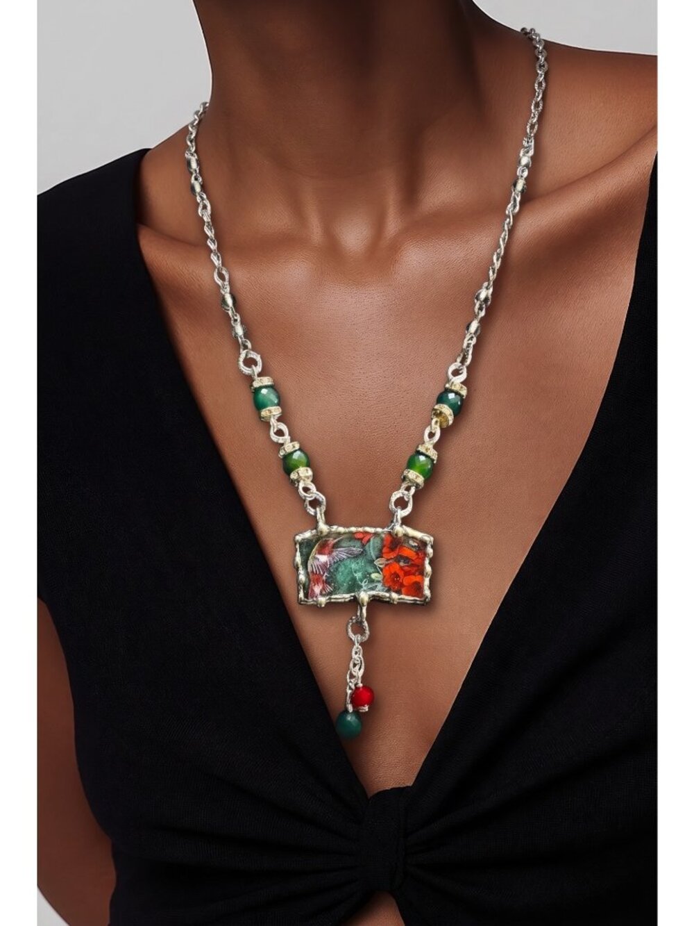 Lena Liu Hummingbird Broken China Pendant  Bezel Red & Green Quartz Necklace - Picture 6 of 14